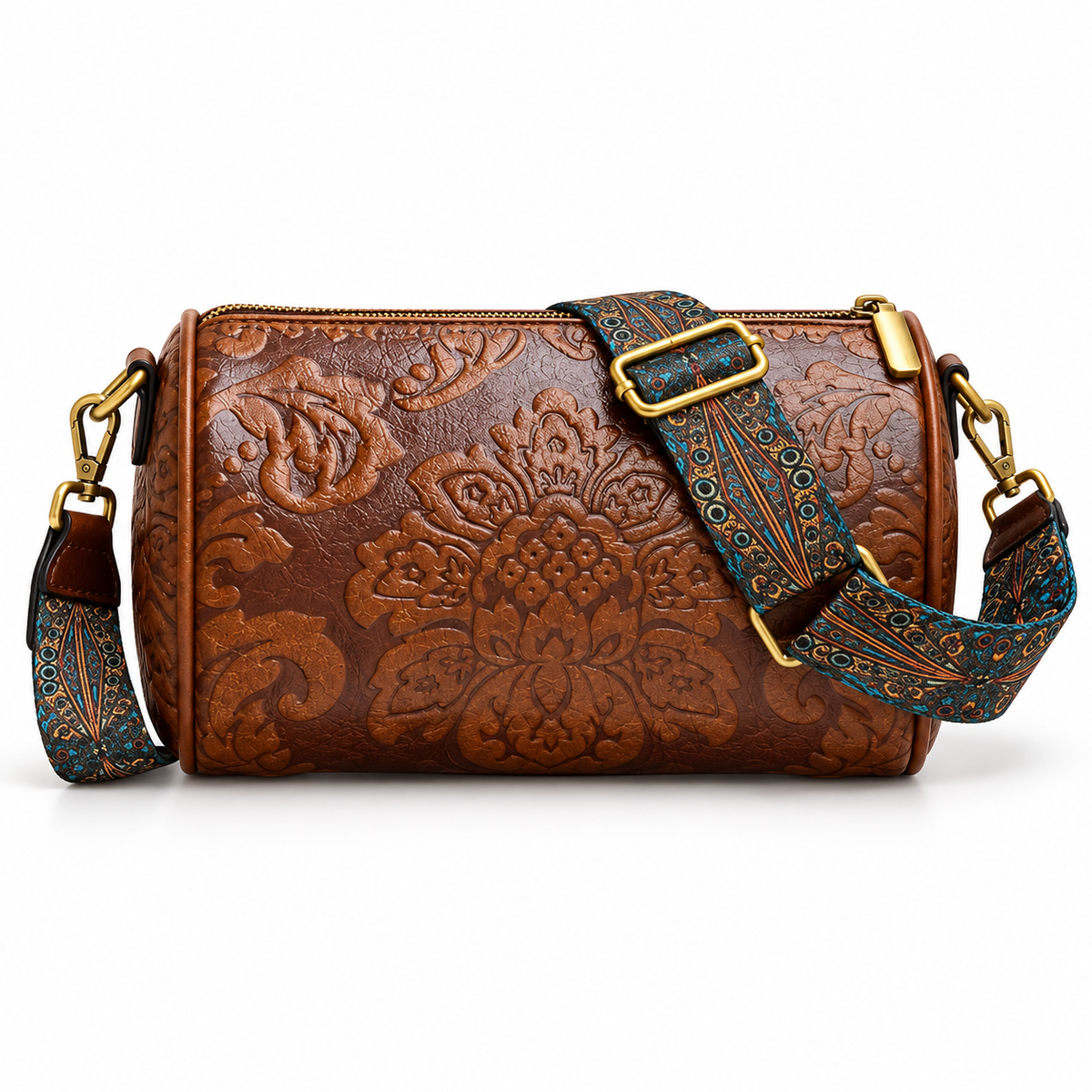 Brown Floral Embossed Barrel Vintage Crossbody Bag