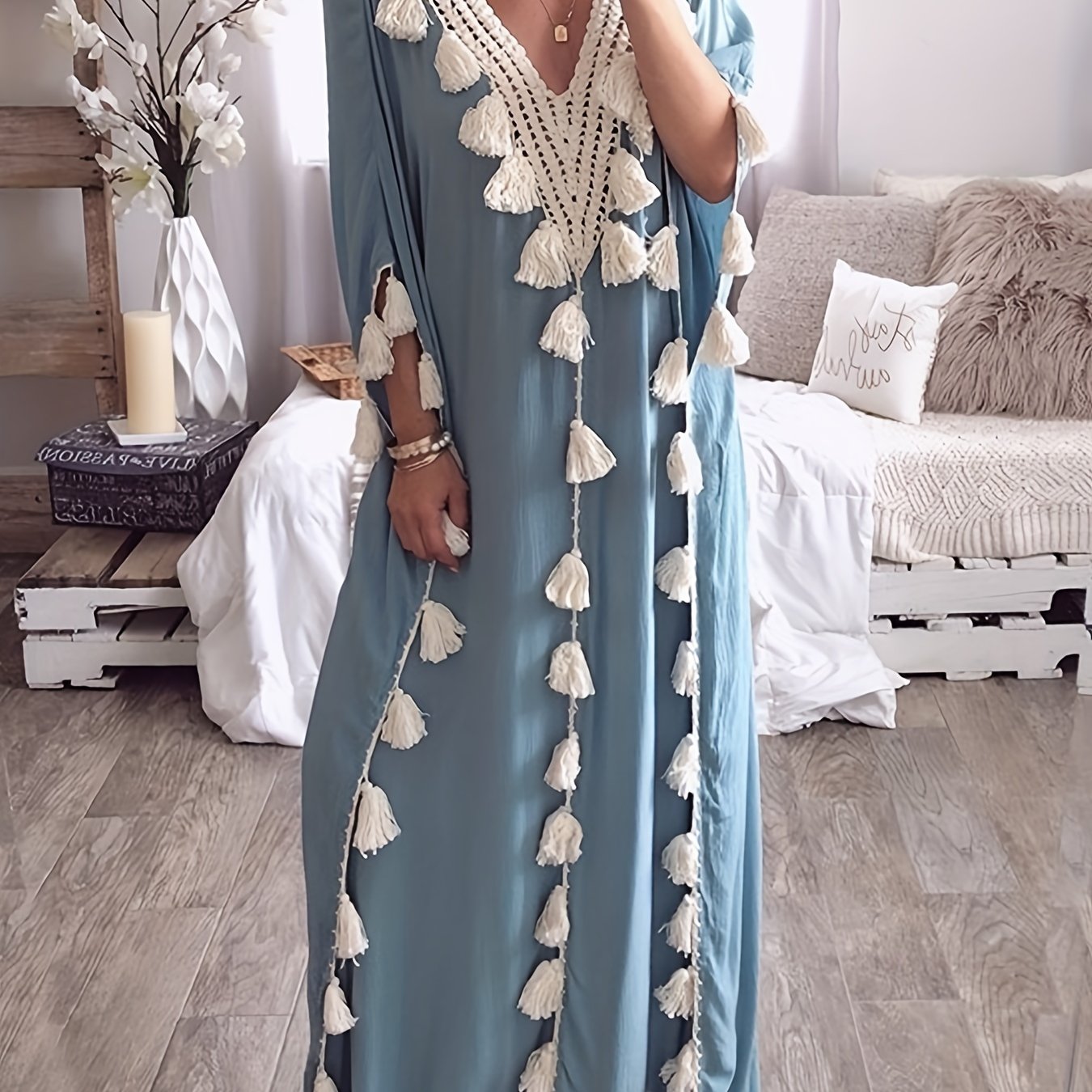 Womens Plus-Size Middle Eastern Kaftan Abaya, V-Neck Tassel Patchwork Gown Dress.