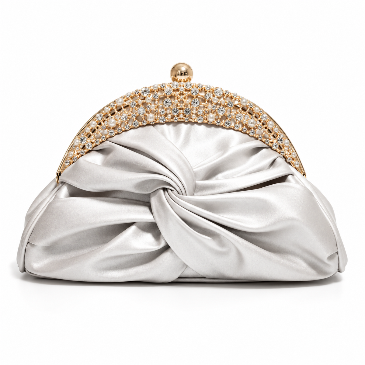Silver Satin Knot Embellished Evening Clutch