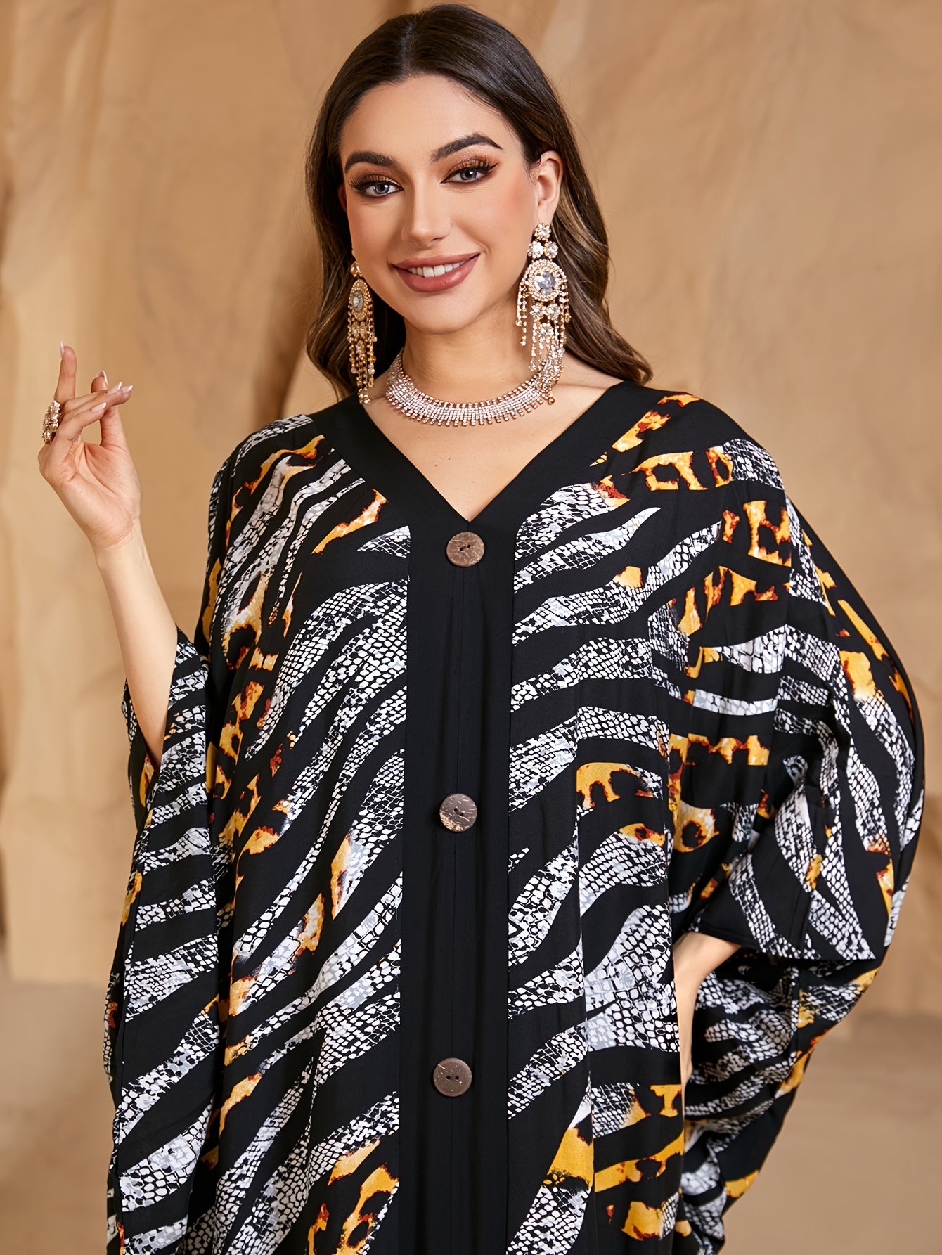 EDOLYNSA Elegant Long-Sleeve Leopard Print Ethnic Style Open-Front Dress in Light Gray, Middle Eastern Fashion Loose Vacation Kaftan Cover-Up Q1827