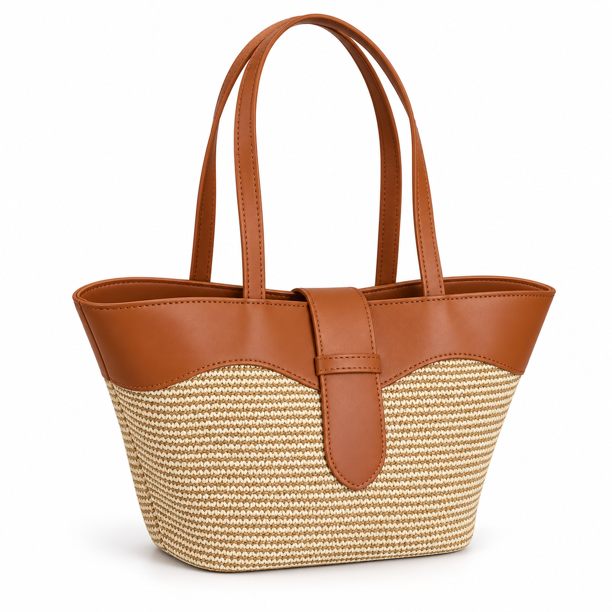 Elegant Beige Woven Brown Trim Tote