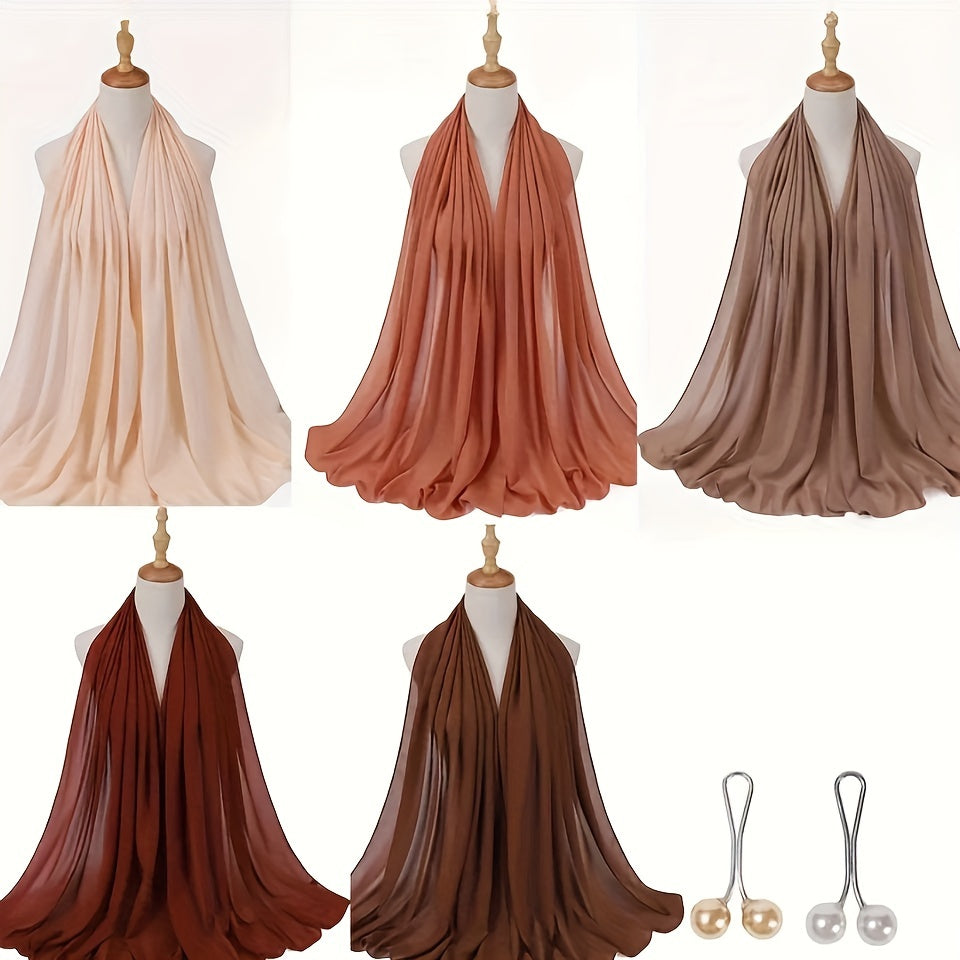 1box Solid Color Chiffon Hijab And Hijab Pins Thin Breathable Sunscreen Scarves (5pcs Minimalist Headscarfs + 2pcs Round Beads Clips), Hijab Set, Modest Fashion, Minimalist Scarf, Elegant Design, Delicate Weave, Lightweight F