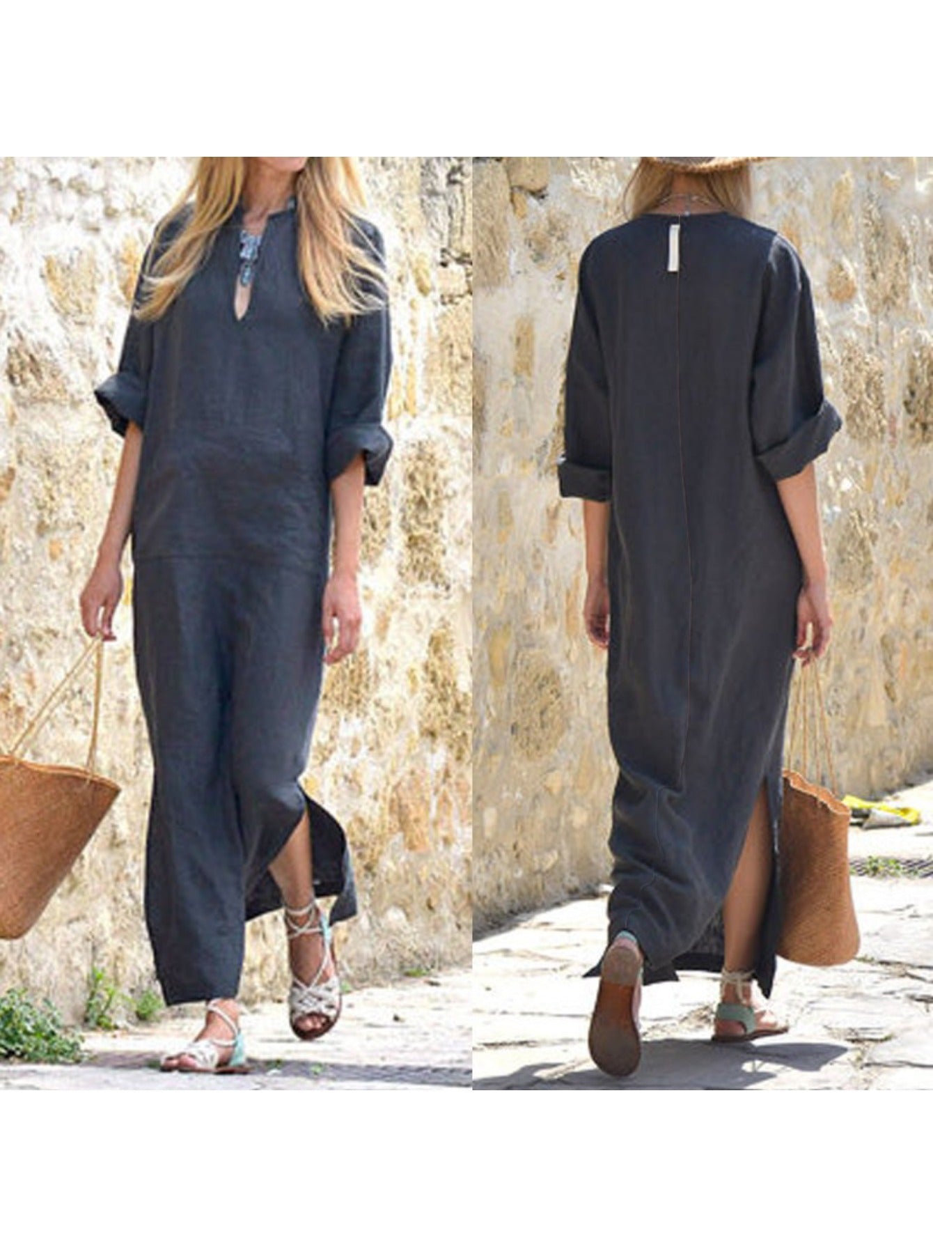 Plus Size, Plus Size Women's Loose V-Neck Kaftan Dress with Pockets - Short Sleeve Midi Split Beach Dress, Casual Summer Dress for Women, Machine Washable