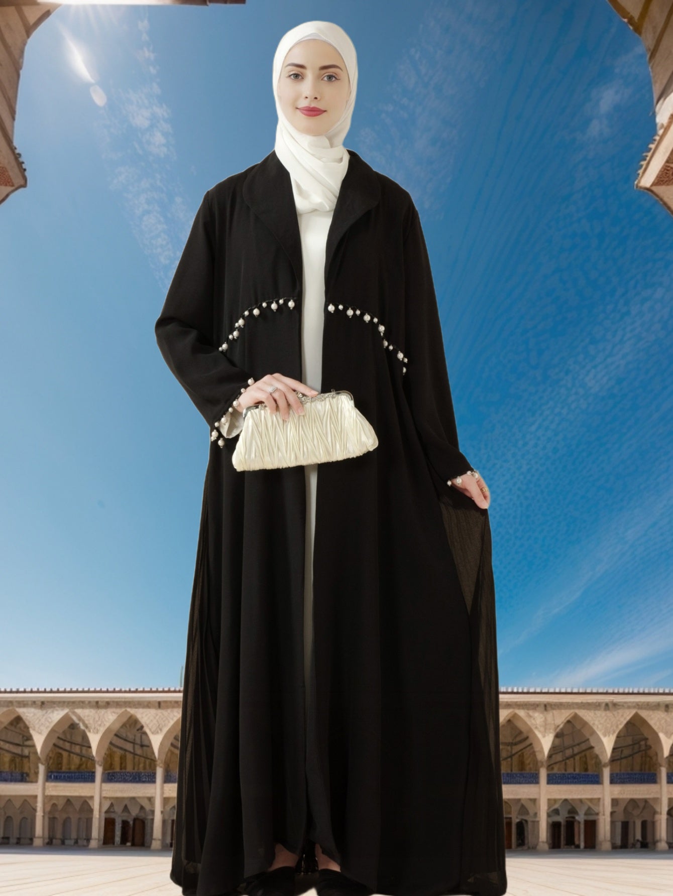 Elegant Pearl-Embellished Black Emirati Abaya with Ruched Detail - Long Sleeve, Floor-Length, Summer Wear for Women, Versatile Fashion|Ruched Abaya|Pearl Embellishments