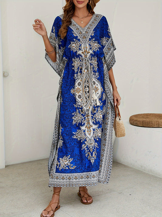 Women's Middle Eastern Muslim Kaftan Abaya, Loose V-Neck Beach Bohemian Party Dress