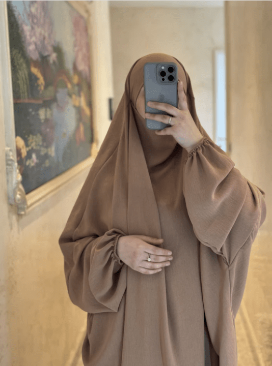 Plus Size, Women's 2pcs Islamic Abaya Prayer Dress & Hijab Set - Modest Turkish Kaftan with Long Flowing Batwing Sleeves, Boat Neck & Full Coverage, Loose Floor-Length Dress in Beige