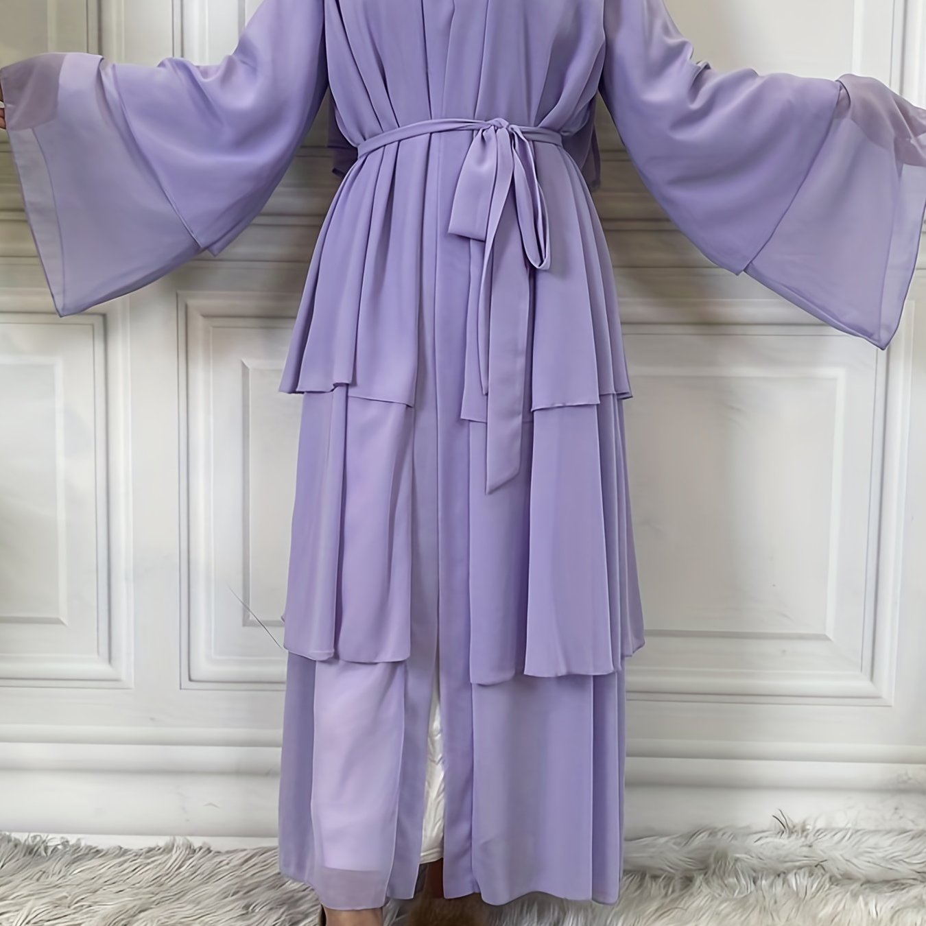 Ramadan Layered Open Front Modest Pakistani Abaya, Long Sleeve Muslim Dress With Belted, Without Hijab, Women's Clothing
