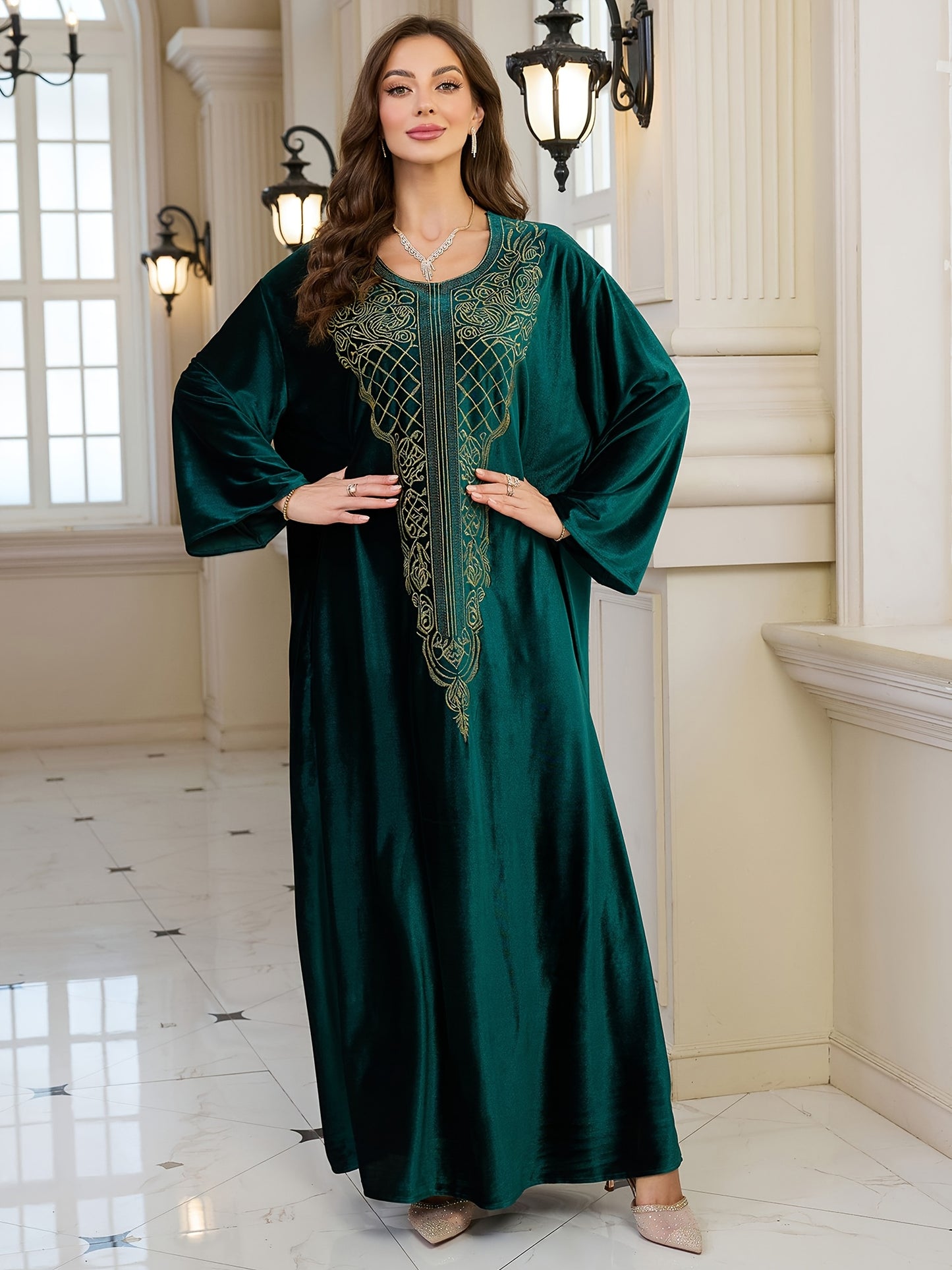 EDOLYNSA round neck embroidery long elegant dark green long sleeve side pocket ethnic dress Turkish robe Middle Eastern fashion casual vacation large size Kaftan blouse