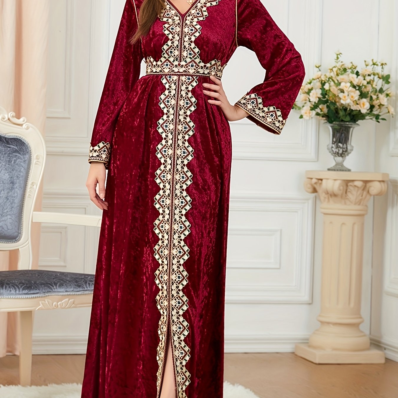 Women's Elegant Velvet Embroidery Abaya Kaftan - Long Sleeve V-Neck with Adjustable Waist Belt, A-Line Silhouette & Flared Hem for Modest Moroccan Turkish Arab Style