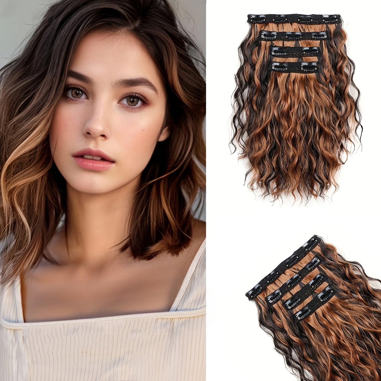 12-inch Water Wave Clip-in Synthetic Hair Extensions for Volume Boost, Skin-Friendly Clip Design, Secure Hold, Suitable for Women