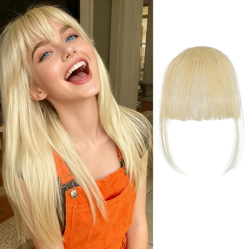 1pc Women'S Natural Brown Human Hair Clip-In Bangs Wig - Soft Wavy with Straight Ends, Secure Clip-In Design, Natural Hairline & Easy Wear