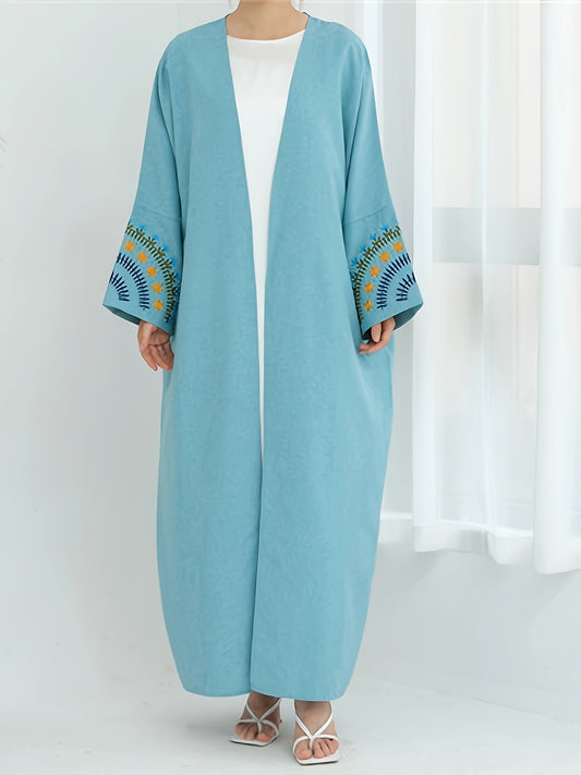 Elegant Beige Kimono Abaya - Open Front Linen-Look Polyester Dress for Women, Long Sleeve with Contrast Trim, All-Season Islamic Wear (Sizes S to XXL), Modest Clothing