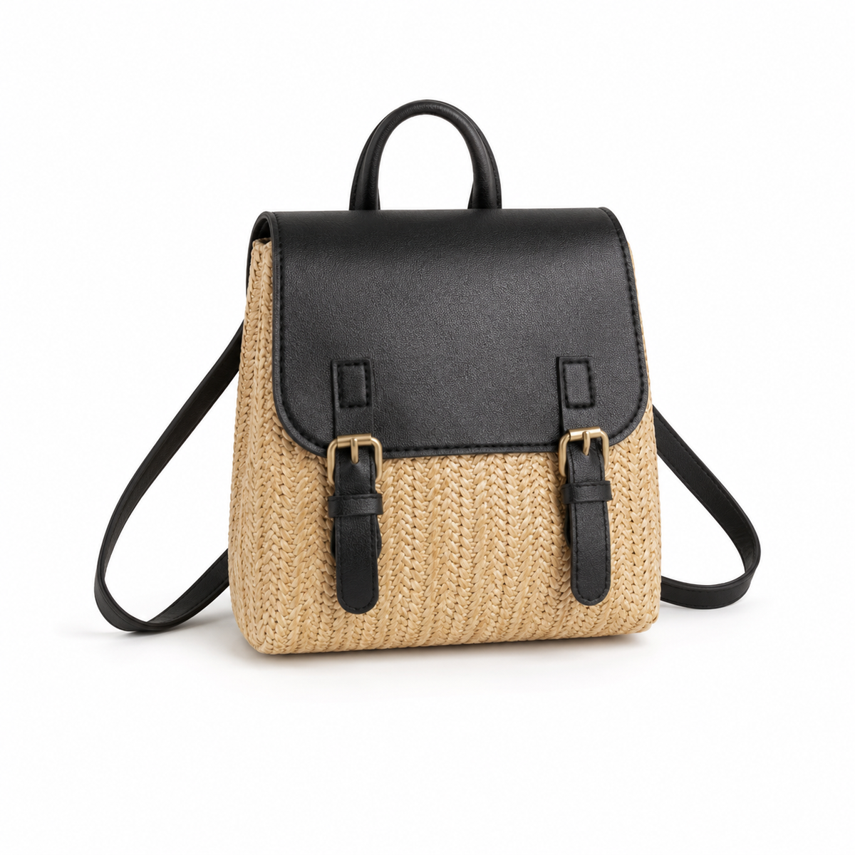 Woven Straw & Black Leather Mini Backpack Handbag