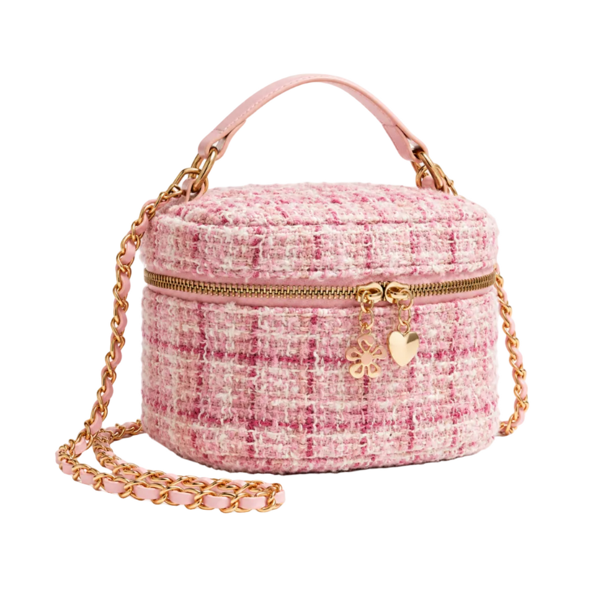 Pink Tweed Crossbody Bag With Charms