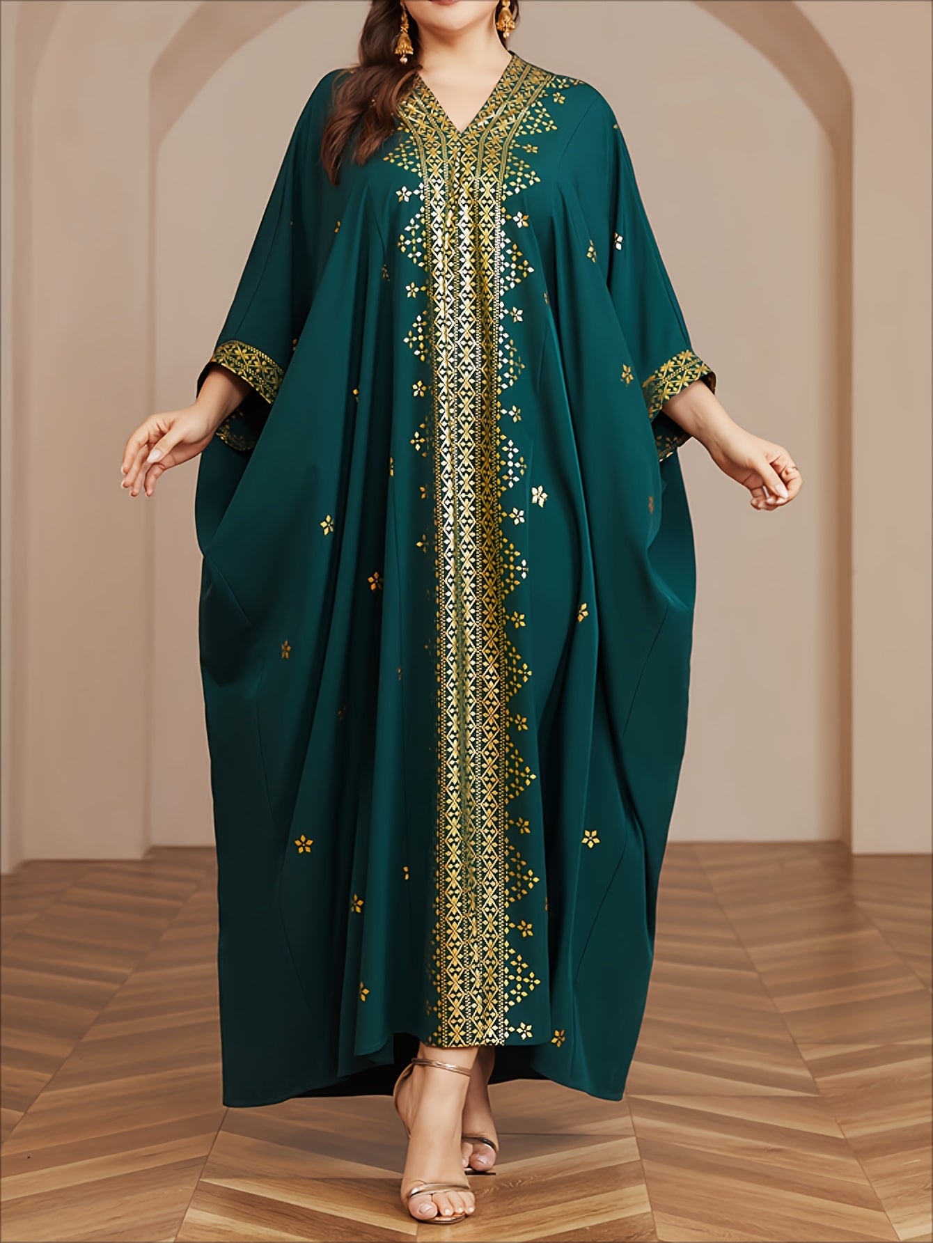 Polyester Long Kaftan | V-Neck Tribal Pattern Woven Non-Stretch, Middle East Golden Tassel, Batwing Sleeve Abaya, Plus Size, All Season