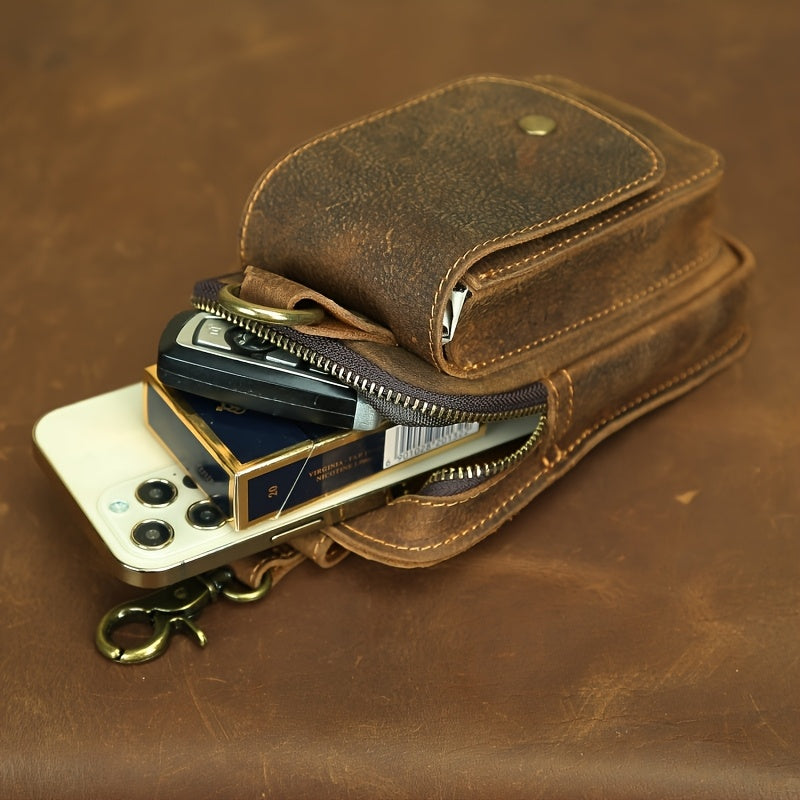 Men's Vintage Crazy Horse Top-Grain Vintage Leather Waist Bag, Casual Style, Multi-Functional Fanny Pack for Daily Commute, No Print, Durable Belt Hanging Pouch for Mobile Phone