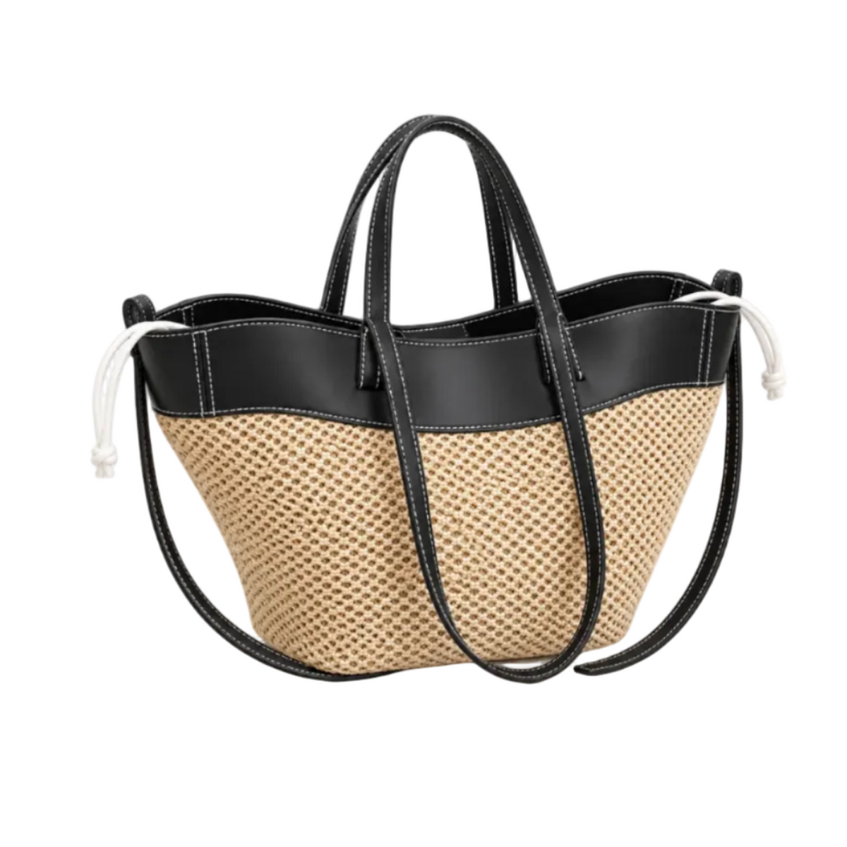 Beige Woven Tote With Black Trim