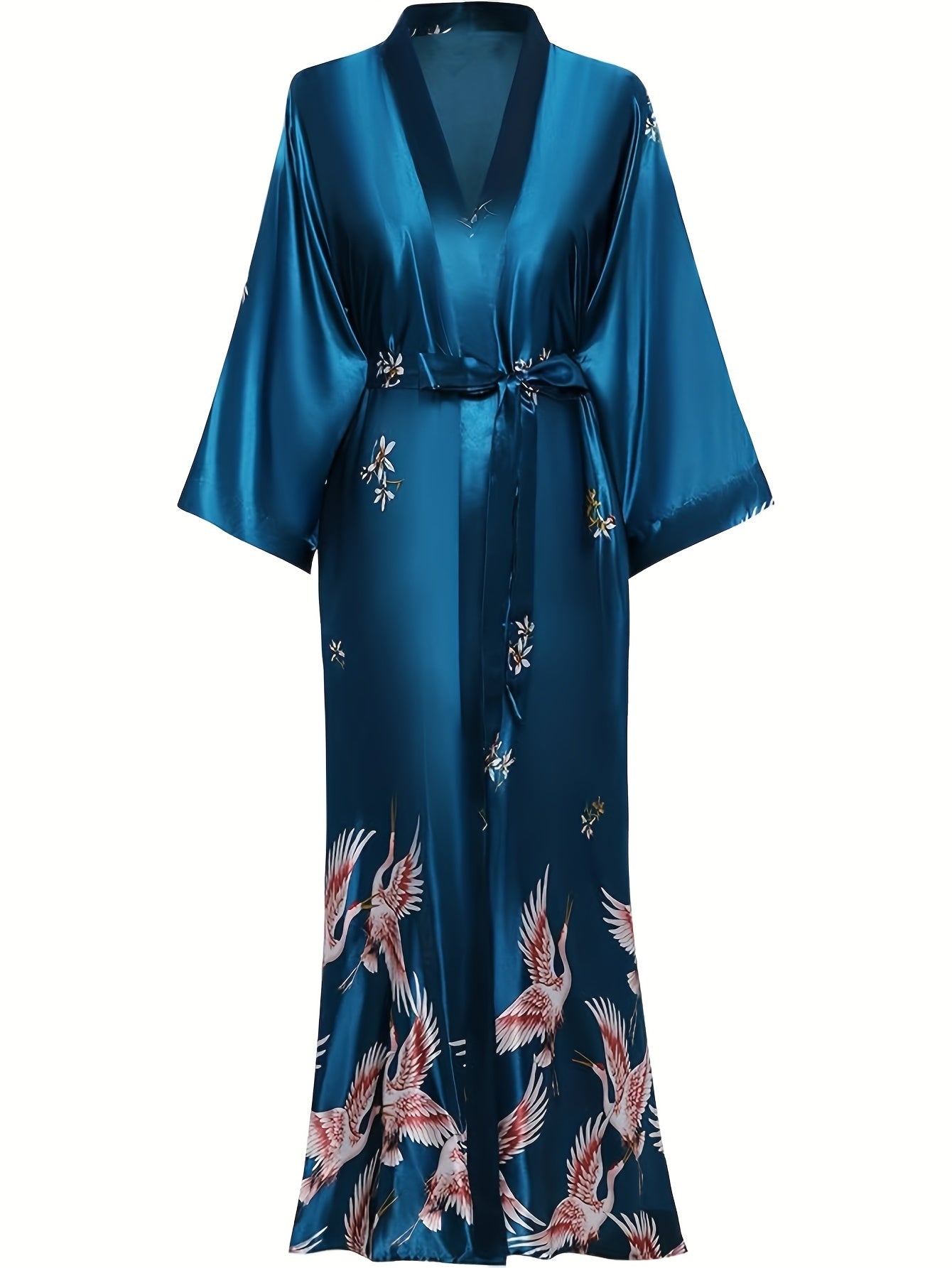 Long Kimono Robe Satin Sleepwear Blouse Bathrobe Nightgown Floral Crane Kimono Cardigan Robe