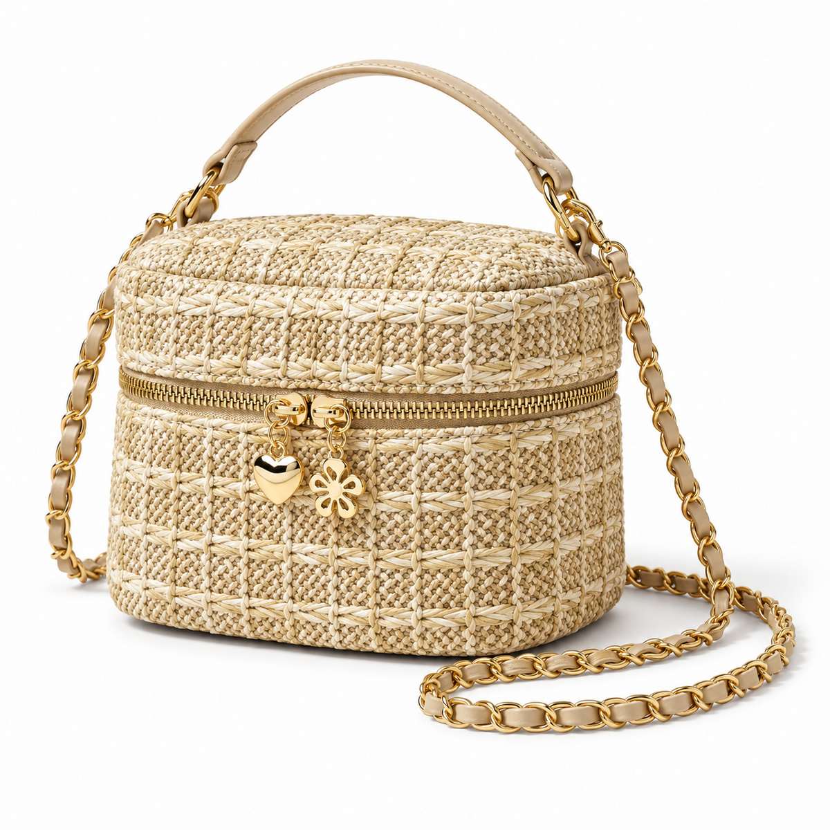 Beige Woven Crossbody Bag With Charms