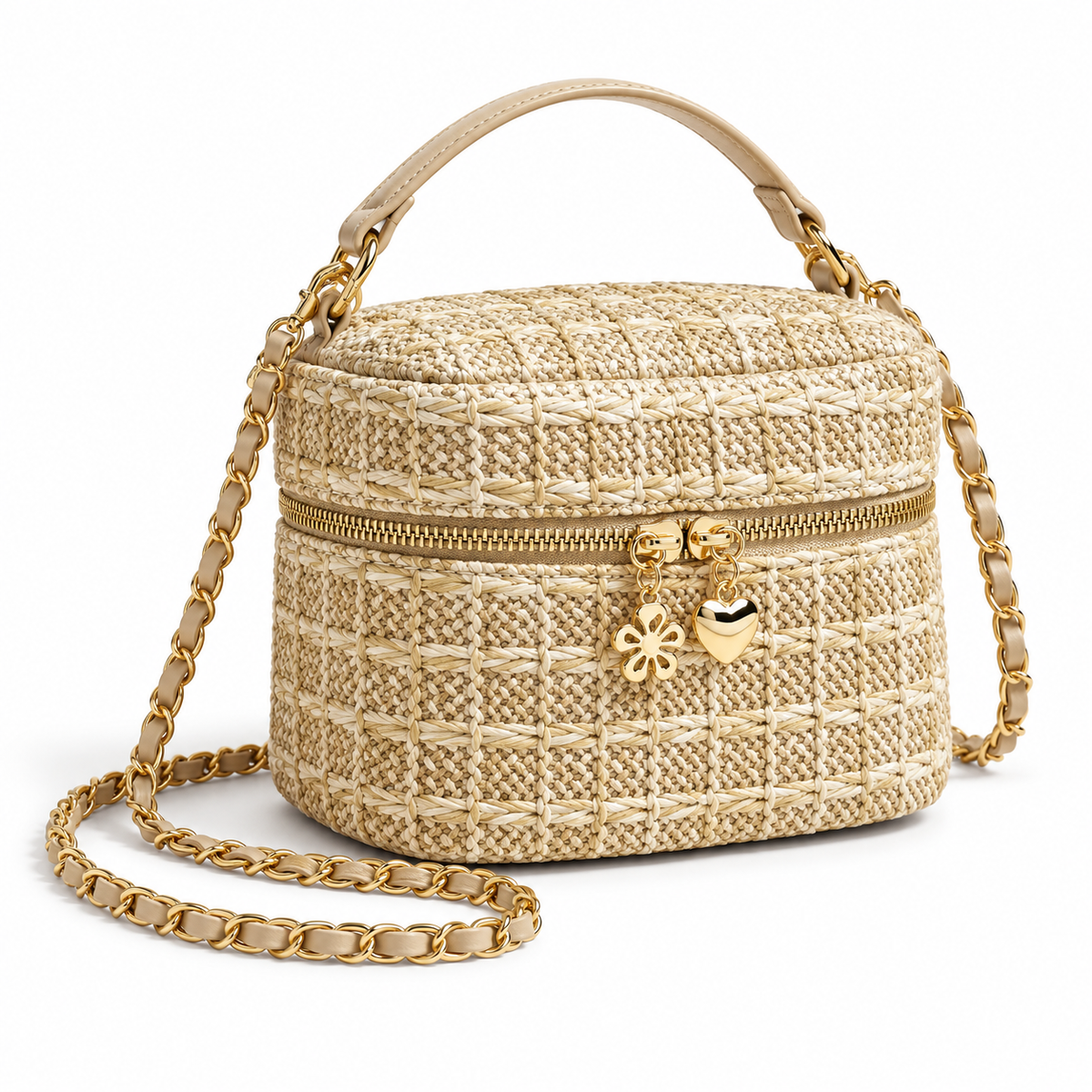 Beige Woven Crossbody Bag With Charms