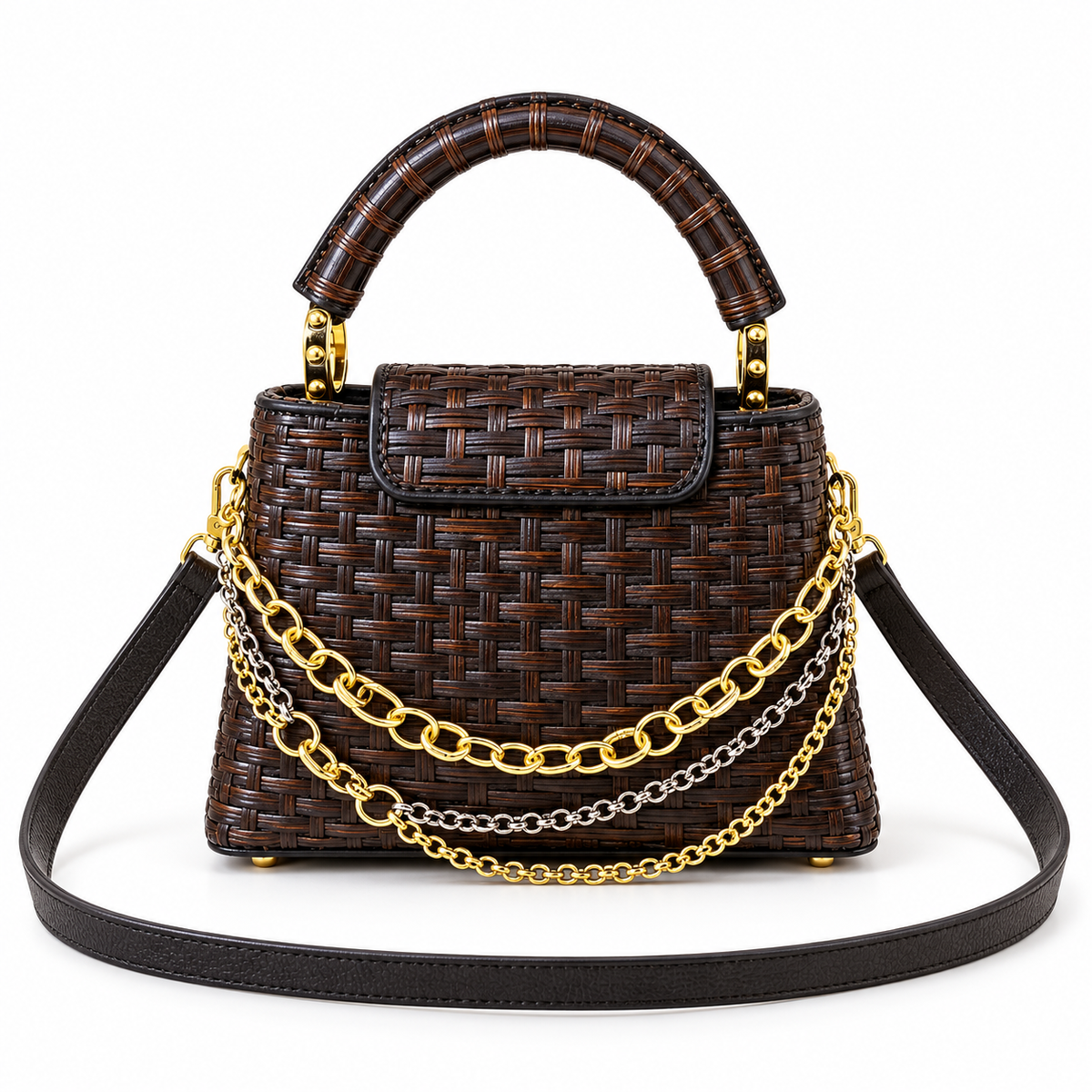 Dark Brown Woven Chain Detail Crossbody Bag