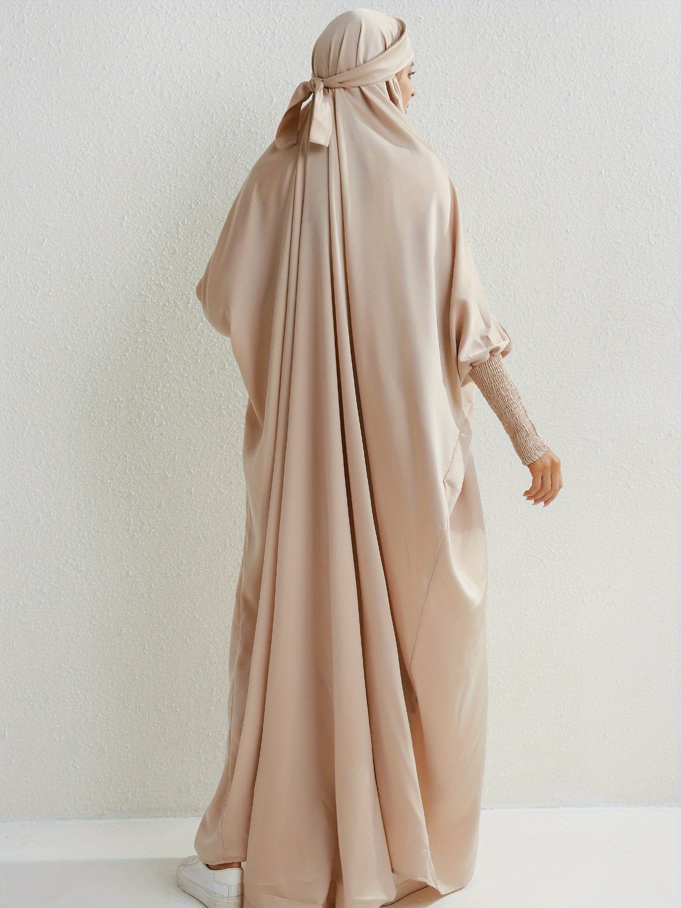 Elegant Loose-Fit Abaya Robe with Built-In Headscarf - Modest Ramadan Prayer Dress, Long Sleeve Butterfly Cuff Traditional Middle Eastern Full-Length Cover Dress, Solid Color Machine Washable, Religious Attire, Allseason Wear