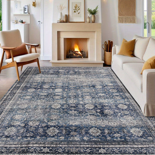 Large 10x13ft Oriental Floral Print Area Mat - Non-Shedding Low Pile Mat, Blue & Brown Beige Traditional Floor Mat for Living Room, Dining Room, Office - Machine Washable Soft Durable Mat with Elegant Floral Medallion Design