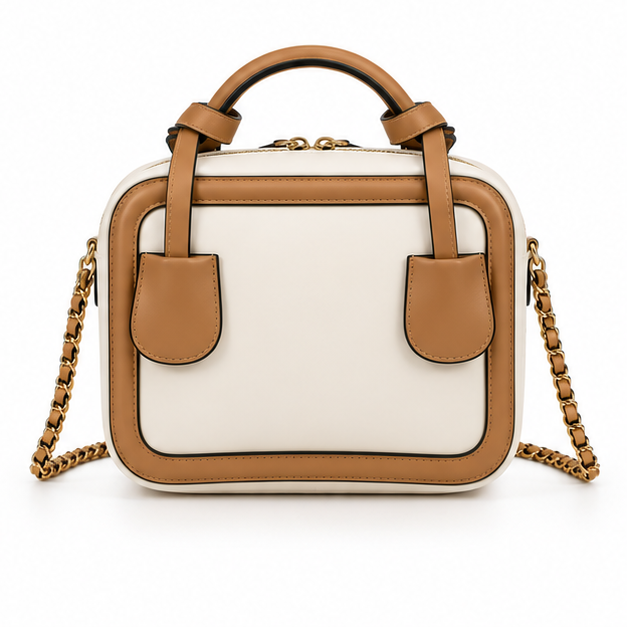 Camel Trim Structured Chain Strap Handbag Purse