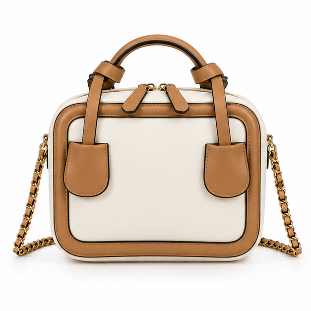 Camel Trim Structured Chain Strap Handbag Purse