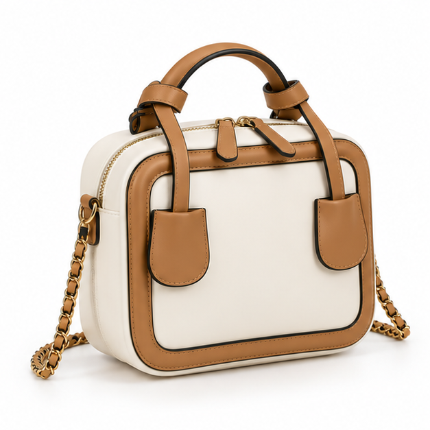 Camel Trim Structured Chain Strap Handbag Purse