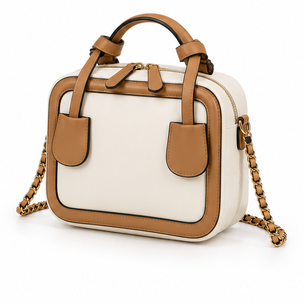 Camel Trim Structured Chain Strap Handbag Purse