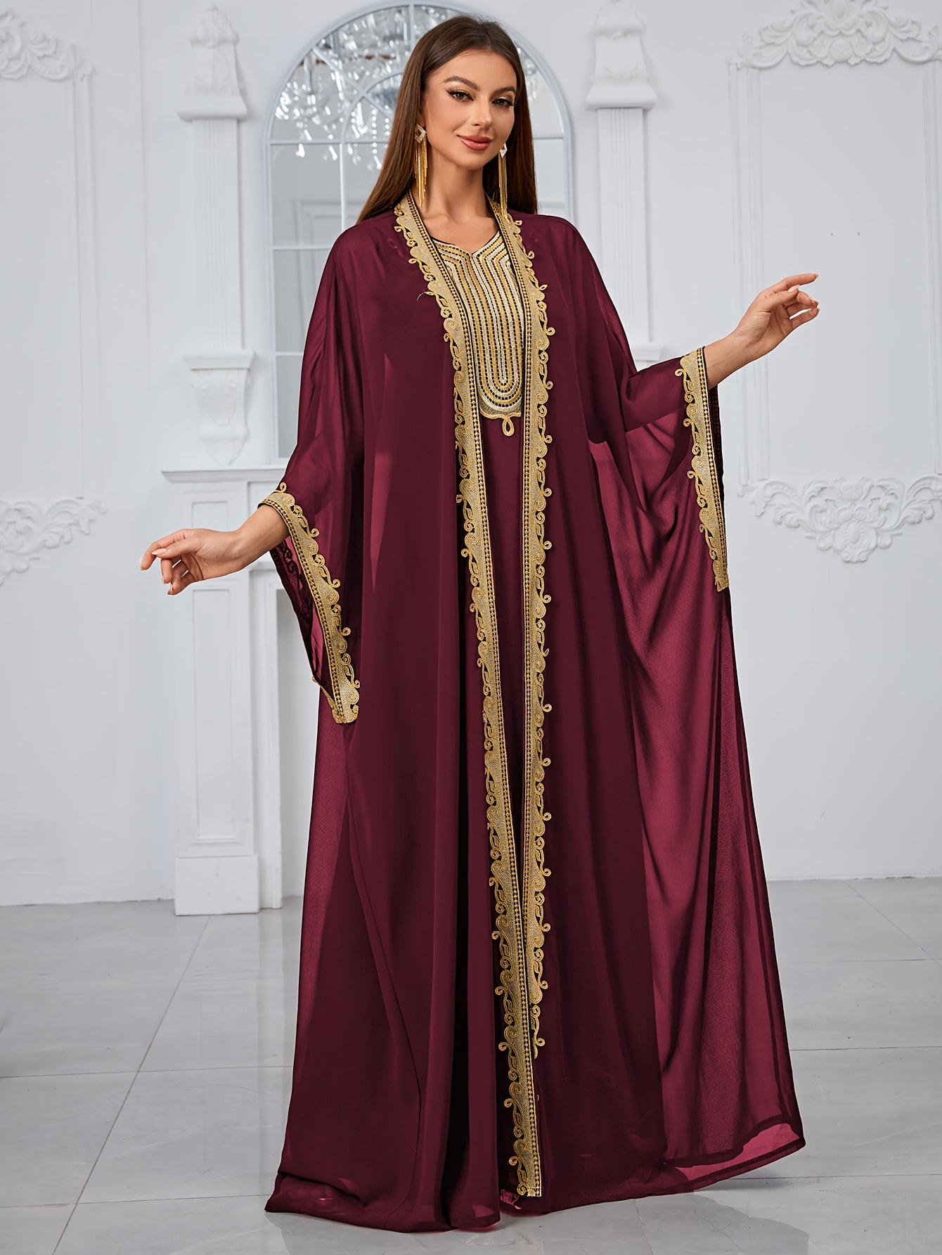 Elegant Women's Embroidered Lace Evening Dress Gown - Maroon & Golden Two-Piece Set with Intricate Lace Detailing, Perfect for Formal Events, Formal Evening Wear|Lace Embroidery|Elegant Gown Abaya