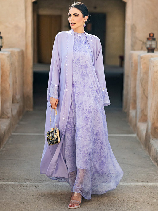 1pc Outerwear, Modern Lavender Abaya with Sparkling Rhinestone Embellishments – Lightweight and Elegant Design (Inner Wear Not Included)