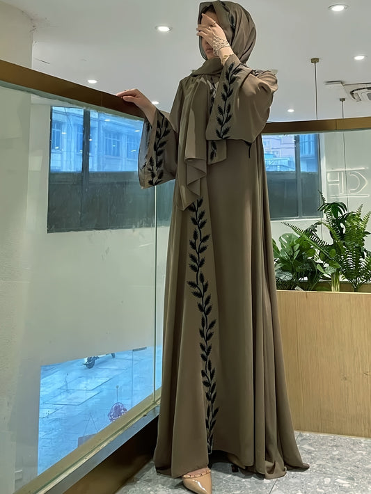 2pcs Set Middle Eastern Ethnic Clothing Fashion Street Chiffon V-neck Embroidery Long Floor-length Arabic Abaya For Women With Headscarf