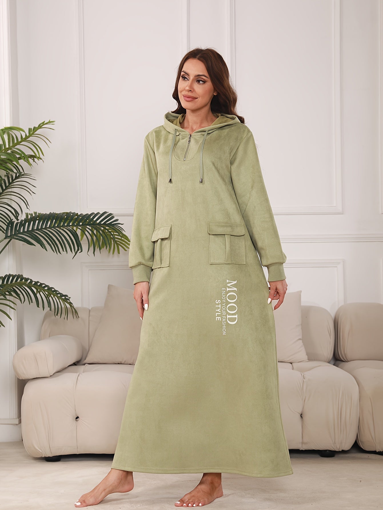 Women's Casual Long Sleeve Hooded Abaya with Zipper Collar and Pockets - Arabic Alphabet Print, Non-Stretch Fabric, Loose Fit for All Seasons, Casual Wear|Hooded Dress|Pocketed Dress