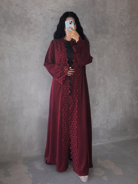 Elegant Women's Red Abaya Robe with Intricate Lace Detailing - Long Sleeve, Open Front, Loose Fit for Spring, Summer, and Fall - Perfect for Casual or Formal Occasions, Cultural Attire, Flowing Garment