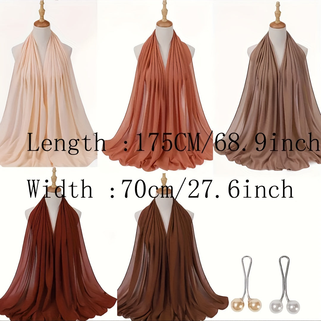 1box Solid Color Chiffon Hijab And Hijab Pins Thin Breathable Sunscreen Scarves (5pcs Minimalist Headscarfs + 2pcs Round Beads Clips), Hijab Set, Modest Fashion, Minimalist Scarf, Elegant Design, Delicate Weave, Lightweight F