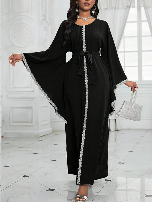 Women's Middle Eastern-Inspired Geometric Print Pakistani Abaya - Long Sleeve Belted Waist Floor-Length Dress with Pockets, Breathable Fabric for Spring/Summer