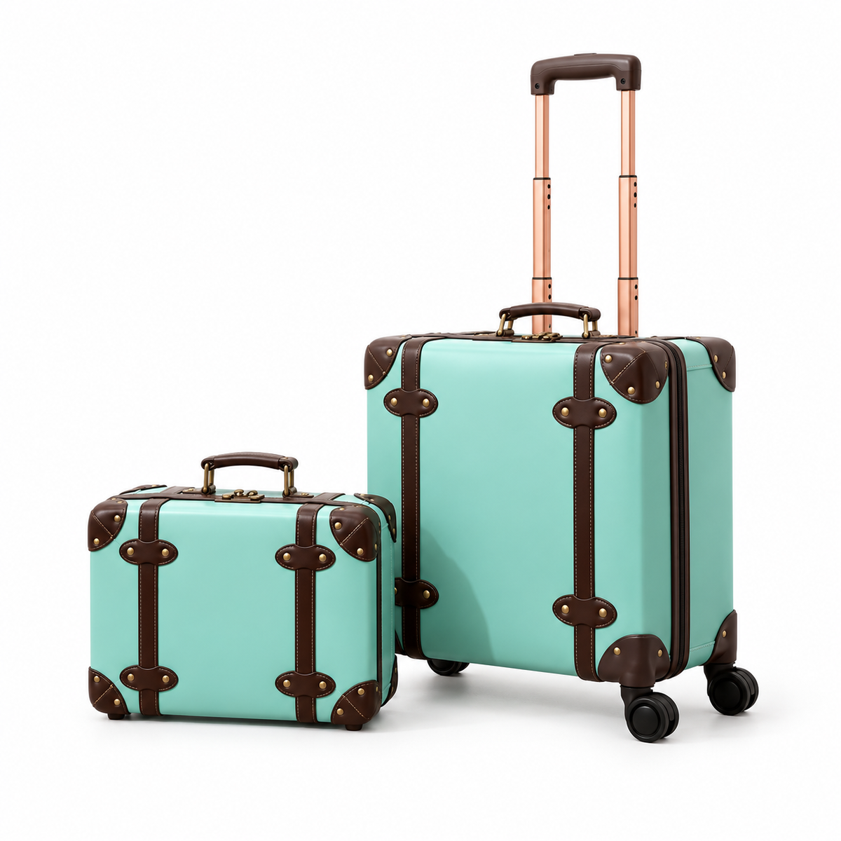 Mint Green Leather Trolley Luggage Set