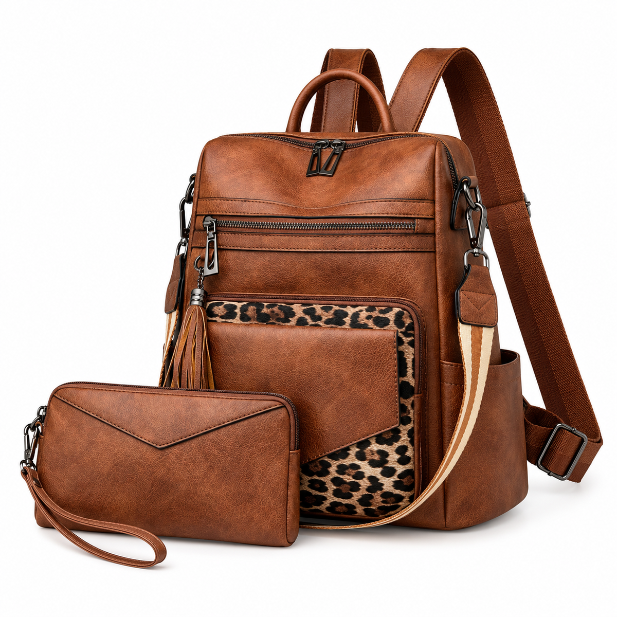 Brown Leopard Accent Backpack Pouch Set