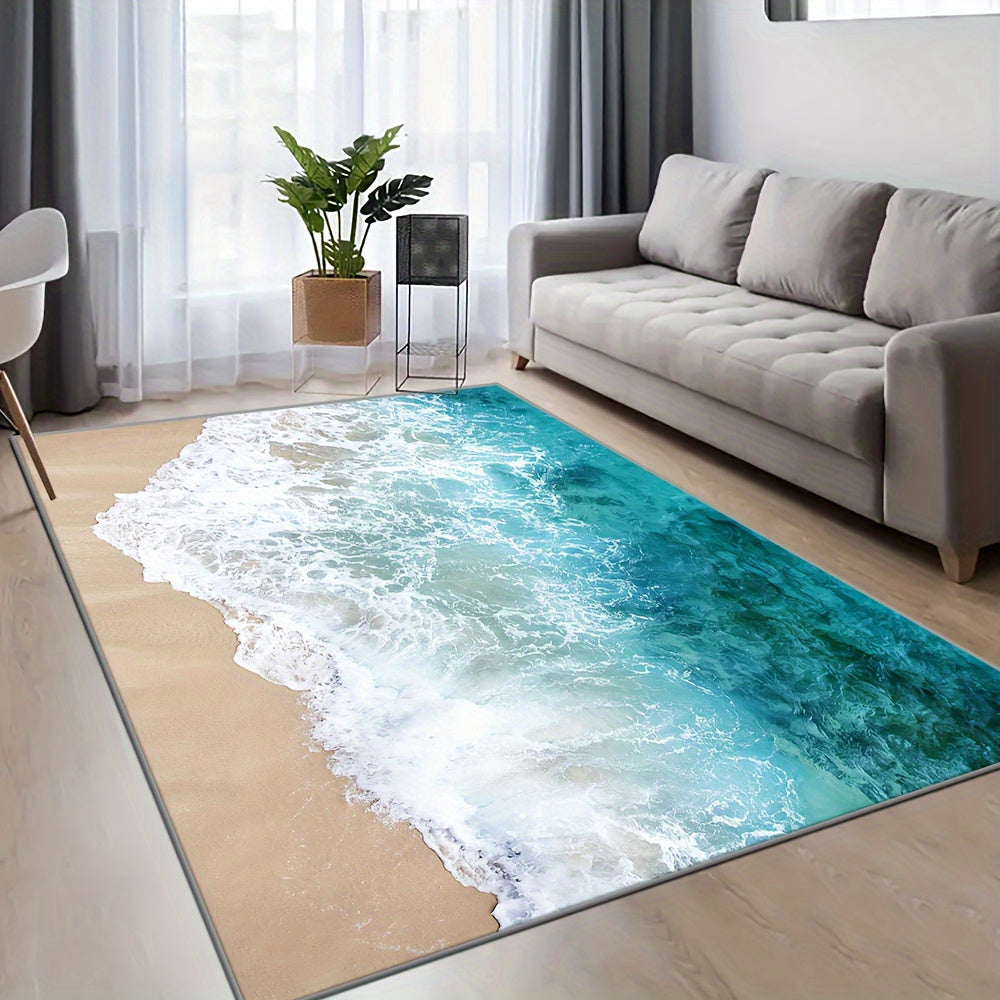 Washed Imitation Cashmere + Washed Backing Imitation Cashmere Weight 1200g per Square Meter + Thickness 8.6mm 1pc, Beautiful Mat with Beach Wave Pattern, Large Floor Mat Easy to Clean, Suitable for Outdoor Camping Rugs for De