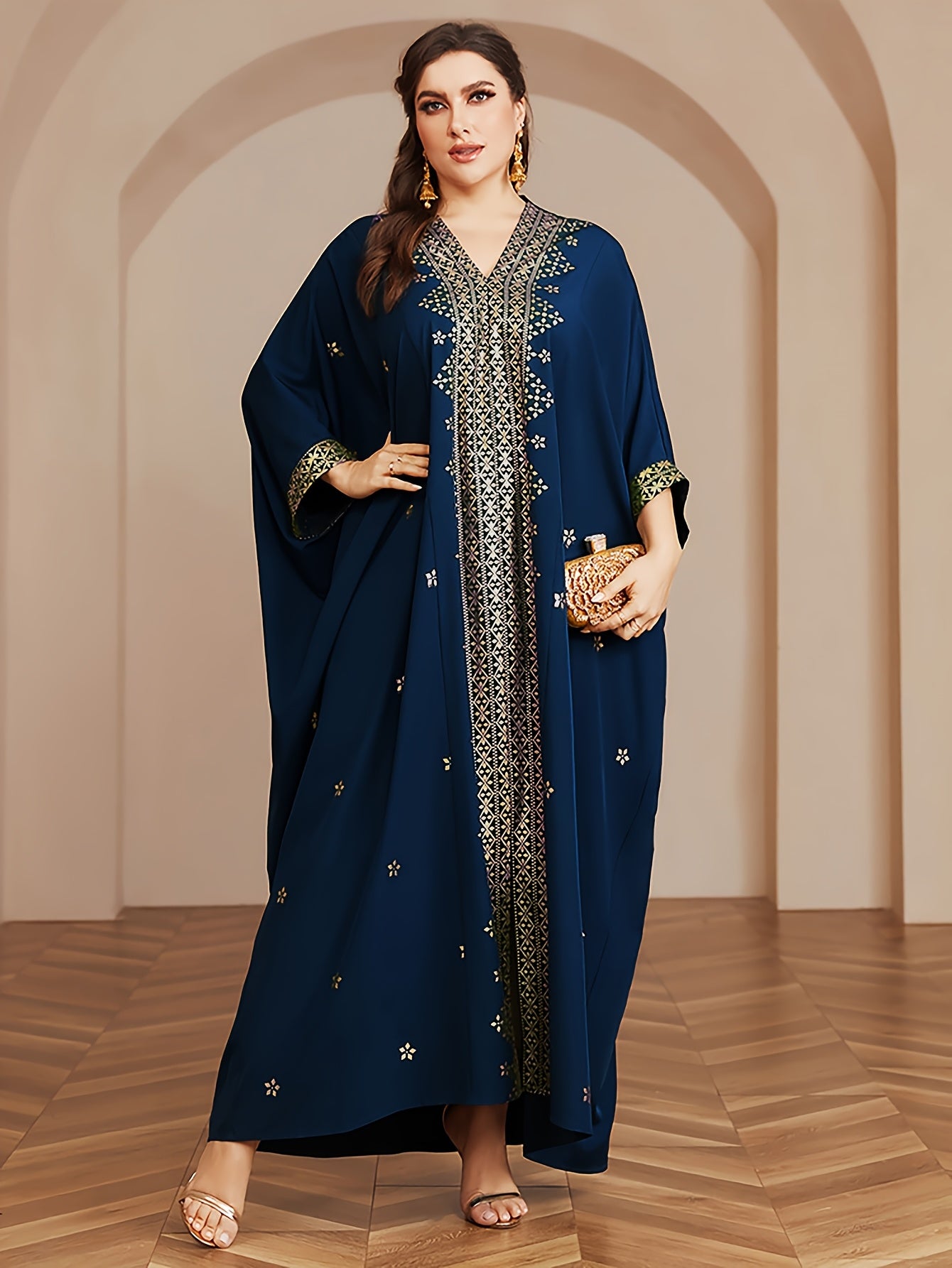 Polyester Long Kaftan | V-Neck Tribal Pattern Woven Non-Stretch, Middle East Golden Tassel, Batwing Sleeve Abaya, Plus Size, All Season
