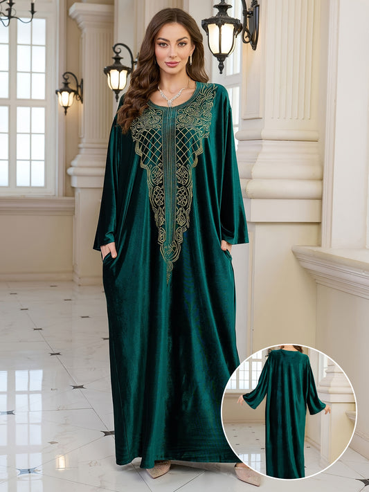 EDOLYNSA round neck embroidery long elegant dark green long sleeve side pocket ethnic dress Turkish robe Middle Eastern fashion casual vacation large size Kaftan blouse