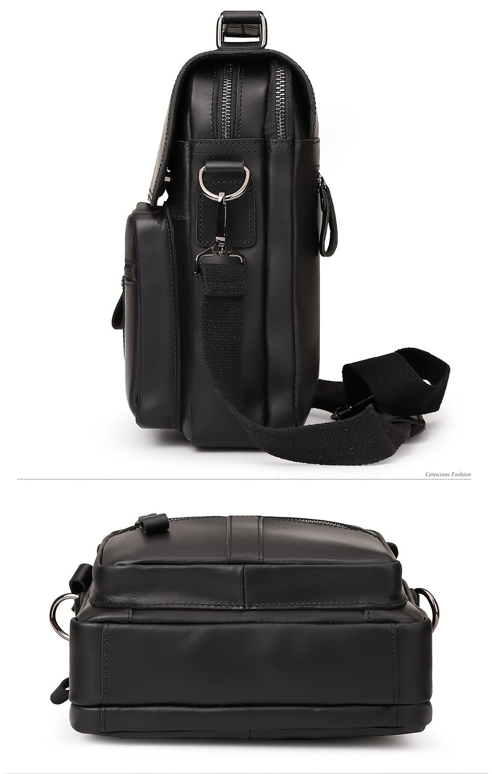 Men's Genuine Crazy Horse Leather Crossbody Bag - Adjustable Shoulder Strap, Multiple Compartments, Black Messenger Bag for Outdoor Travel & Business