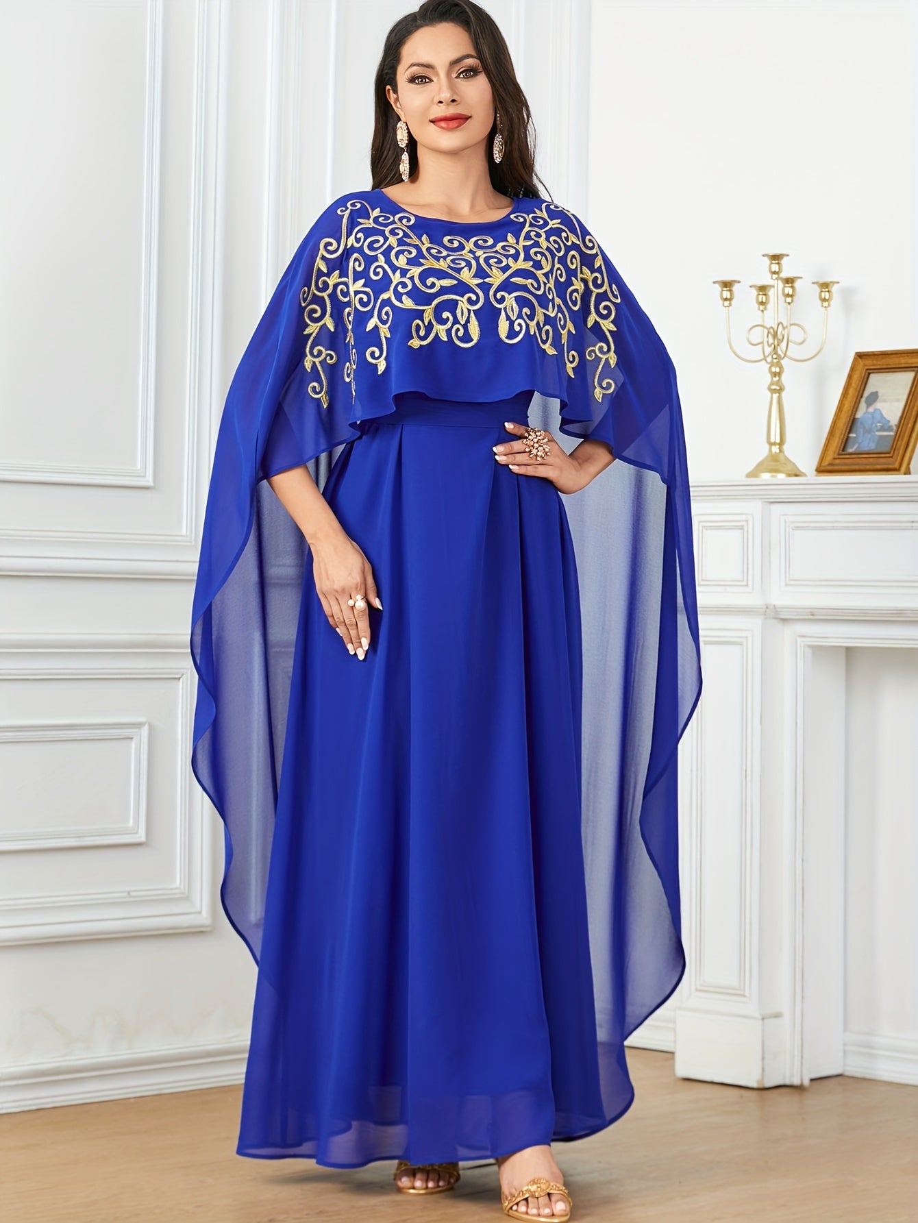 Stylish Long Cape with Lace Edge and Embroidery, Two-piece Set, Robe with Waistband and Body-hugging Abaya Dress