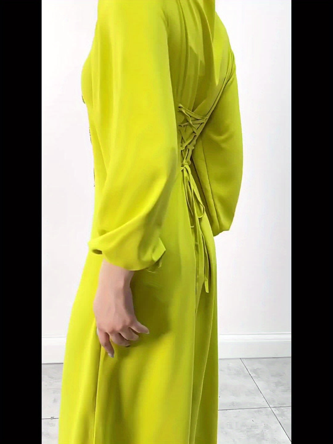 Elegant Long Sleeve Polyester Dress with Lantern Sleeves, Solid Color, Tie Back, and Belted Waist Palestinian Abaya