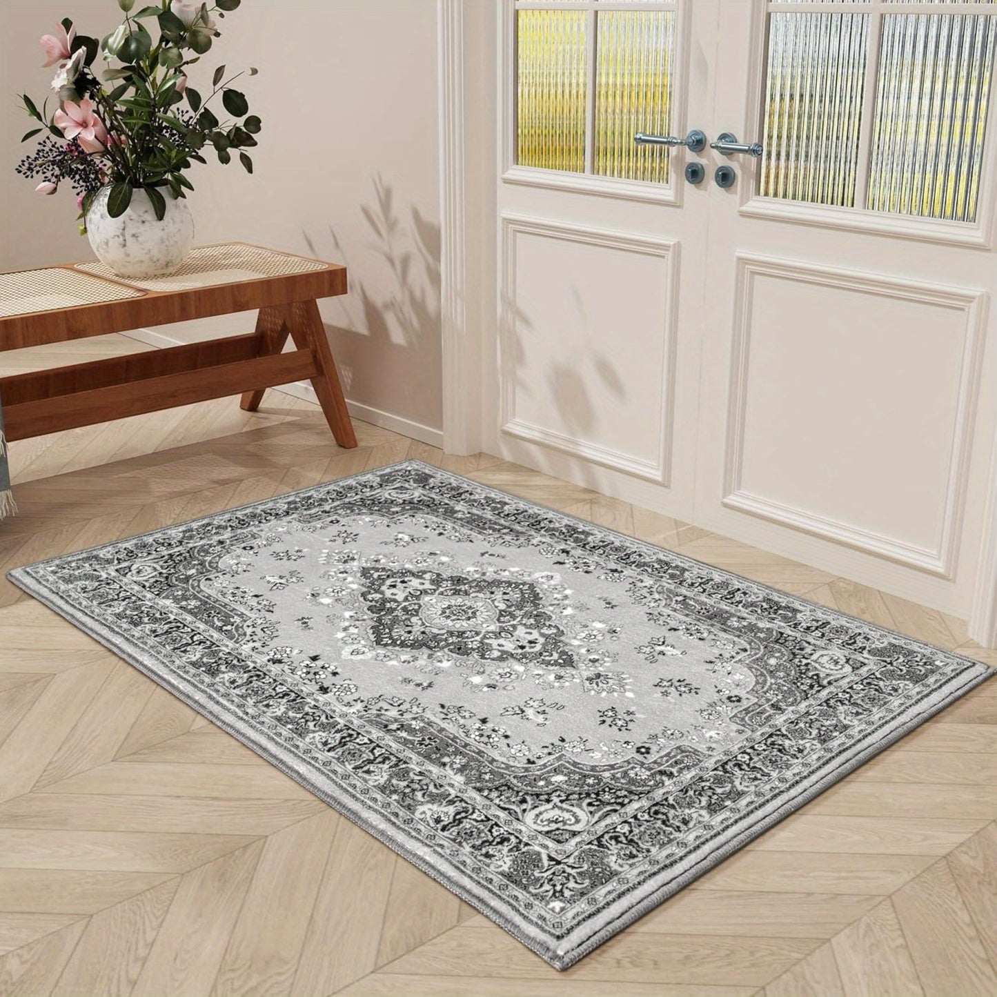 [Vintage Rug] 5x8 Vintage Rug | Black Floral Faux Wool Non Slip Washable Low Pile Indoor Doormat for Bedroom, Entryway, Kitchen, Bedside
