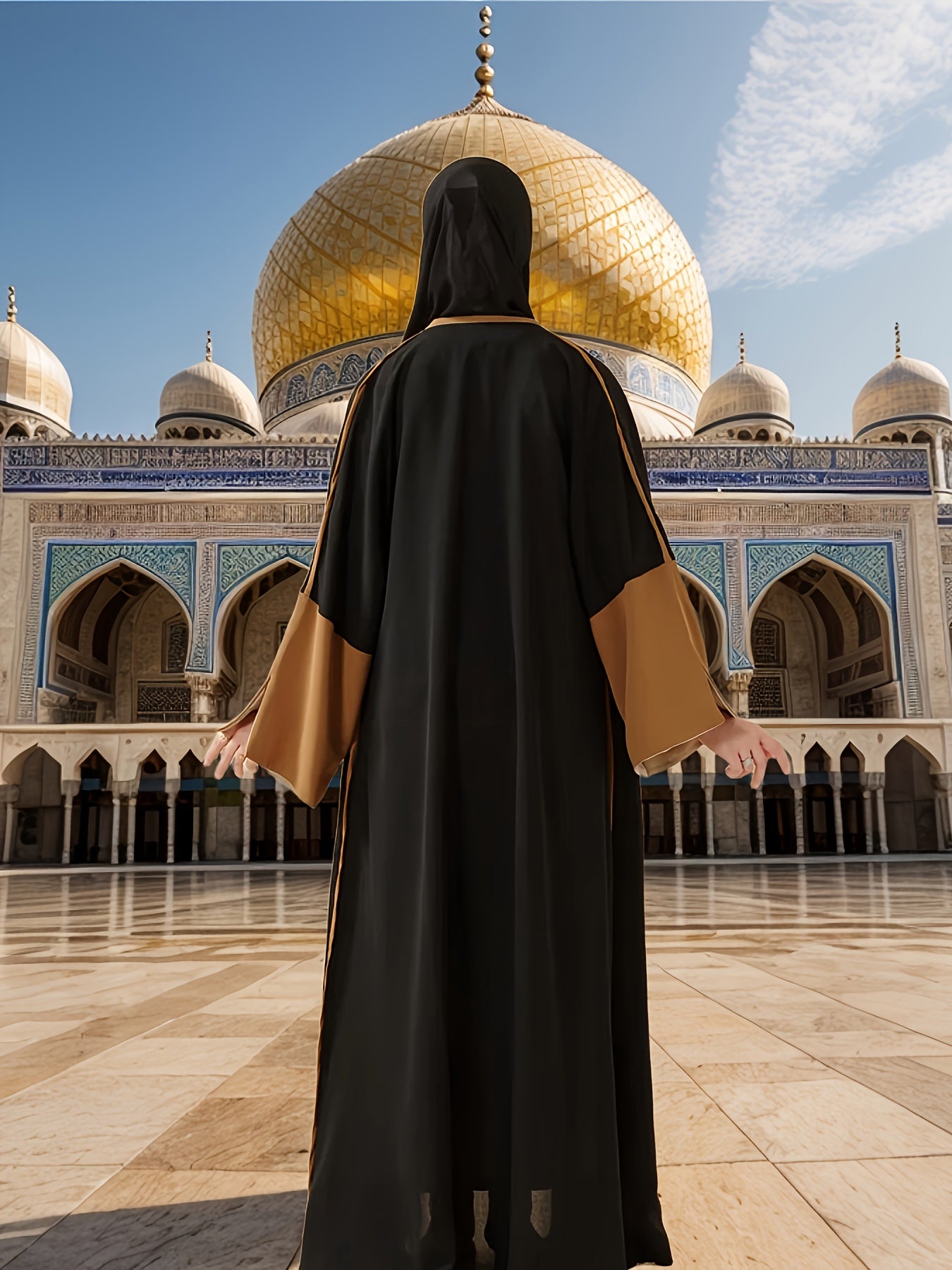 Elegant Modern Open Abaya - Black & White Color-Block with Golden Trim, Sleeve Islamic Dress, Relaxed Fit H-Line Silhouette, Slit Detailing & Breathable Fabric for All-Season