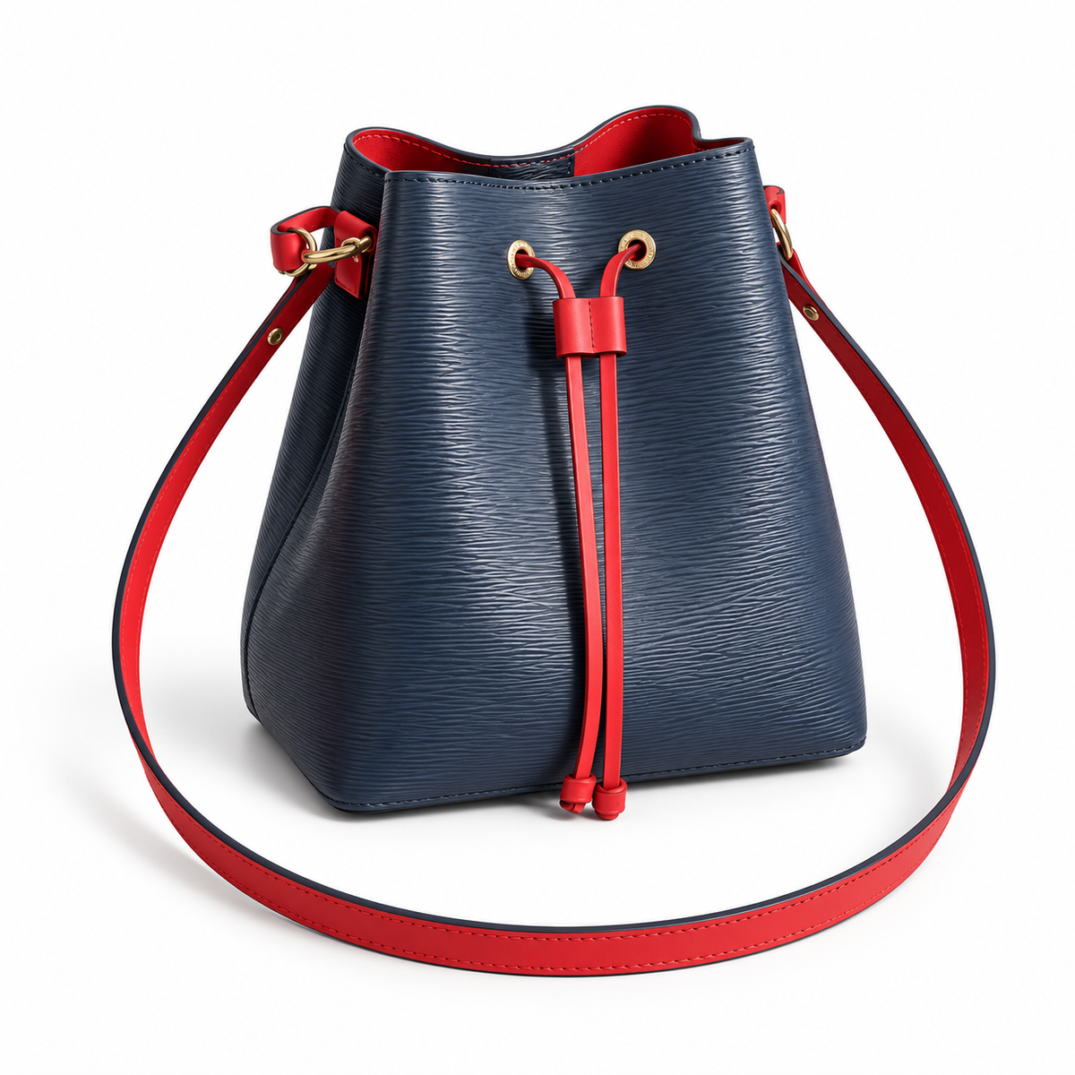 Navy Textured Bucket Bag With Drawstring