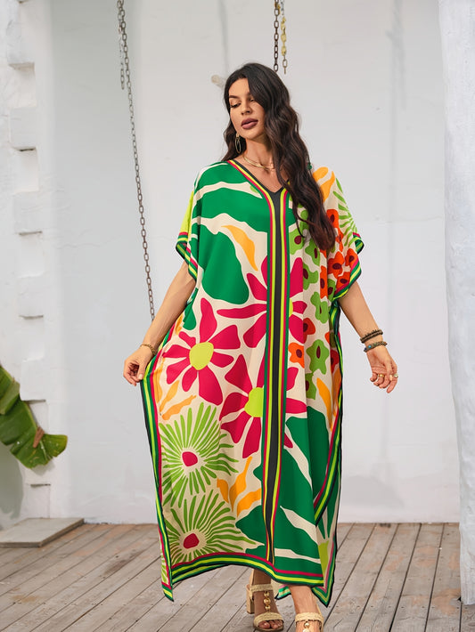[Viscose Kaftan Dress, Boho Style] 1pc Viscose Kaftan Dress - Floral Print Casual Midi Loose Fit Beach Boho Style with Short Sleeves for Summer Resort Wear